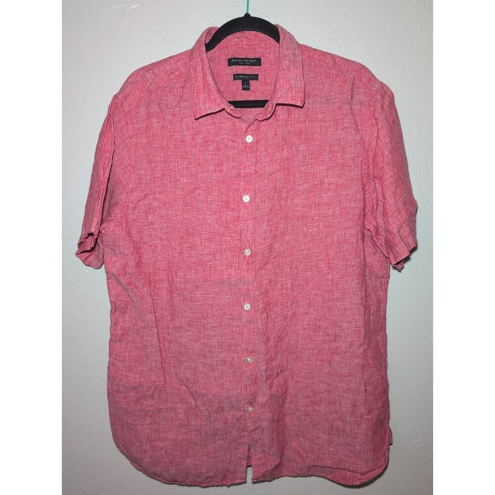Banana‎ Republic Red 100% Linen Camden Fit Short Sleeve Shirt Mens Button Up L